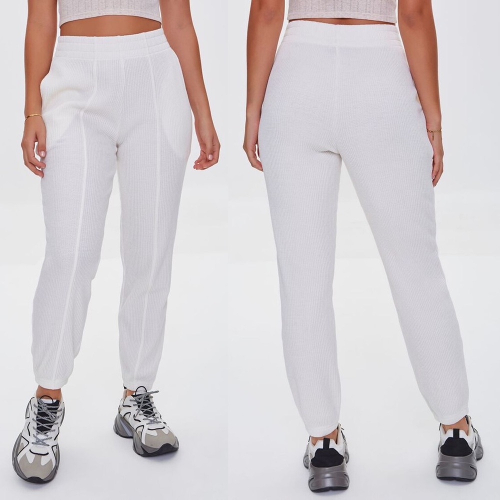 Forever 21 Thermal Ribbed Knit High Waist Sunny Joggers Athletic Pants White NEW